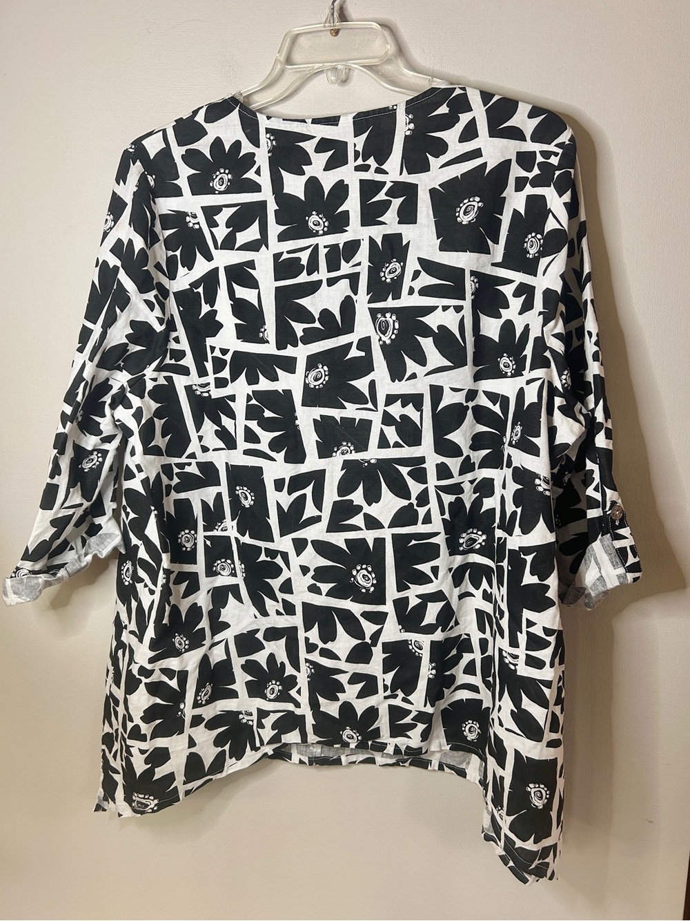 Vintage Hot Cotton Linen Geo Floral Tunic Lagenlook Art Wear USA Black White 1X - Picture 14 of 16